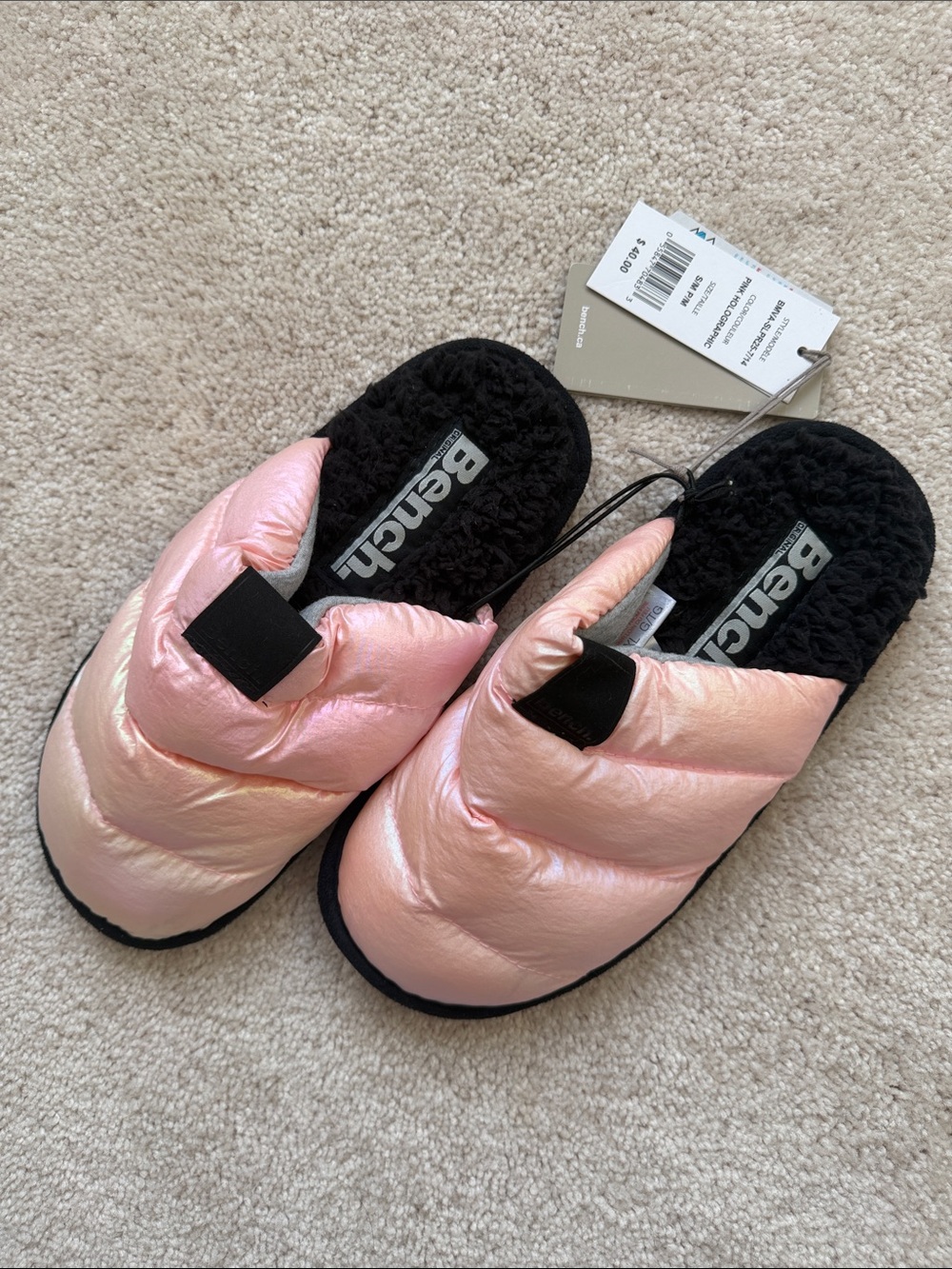 Bench Quilted Slide Slippers in Shimmery Pink and Black